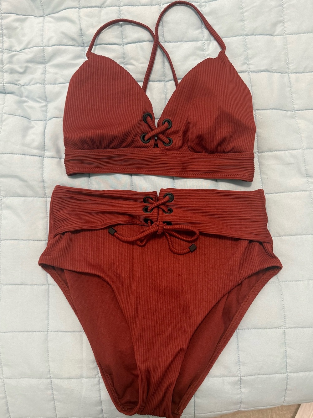 Bar III Burnt Rust Color Lace-Up High-Waist Bikini Set